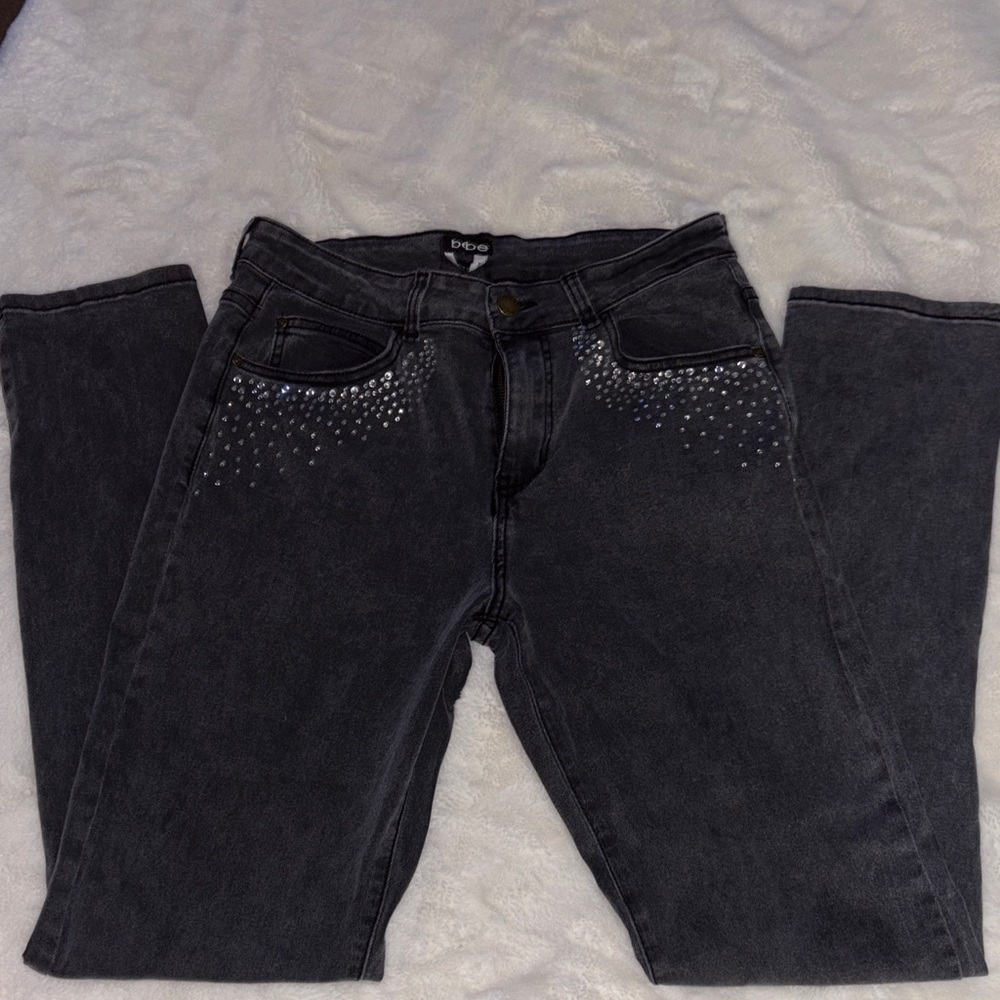 bebe Black Straight Leg Jeans with Rhinestone Accents